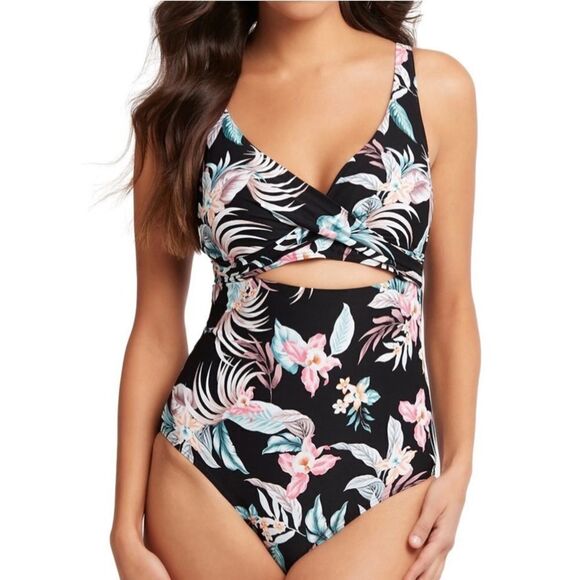 Sea Level 14 Black Teal Pink Floral Cross Front Cutout One Piece Bikini